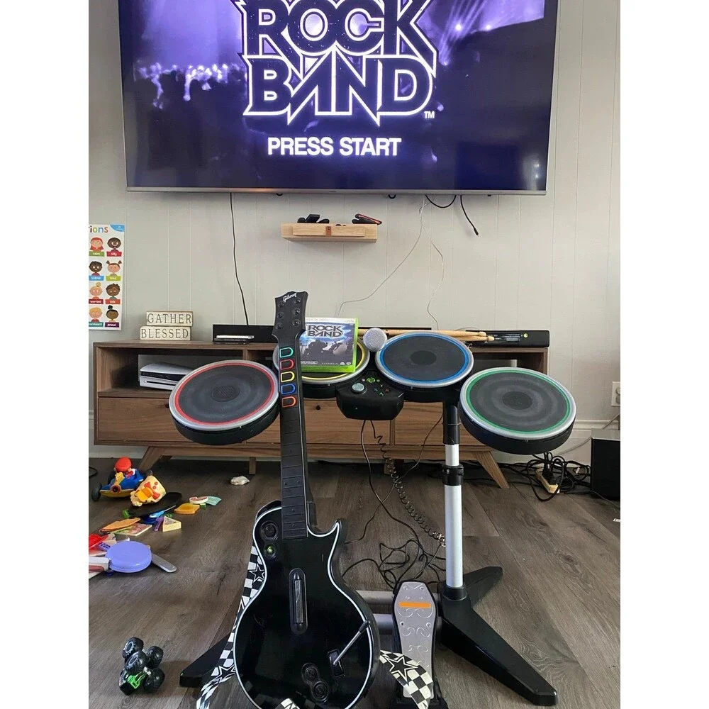 Xbox 360 Rock Band guitar hero Wireless band Kit Guitar Drums Mic Game Bundle
